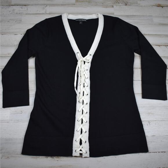 Y2K style Boston Proper black/white lace up 3/4 sleeve sweater top size small - Picture 1 of 7